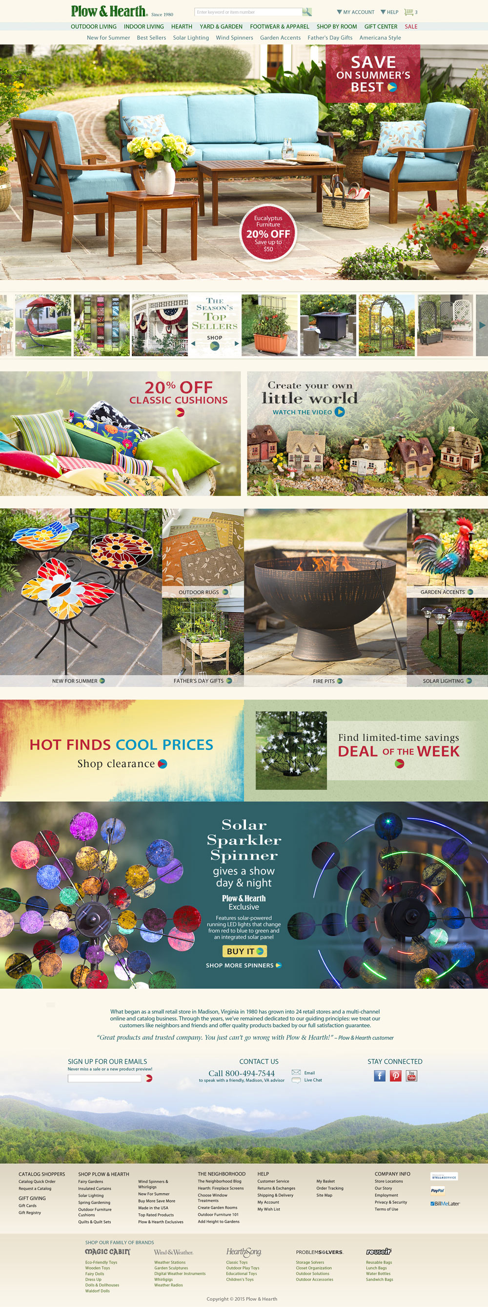 Here is my most recent homepage design for Plow & Hearth. The objective was to accommodate a wider average screen size plus be responsive for narrower screens on down to tablets. This design was years in the making; scroll to have a look at our humble beginnings and the changes over time.