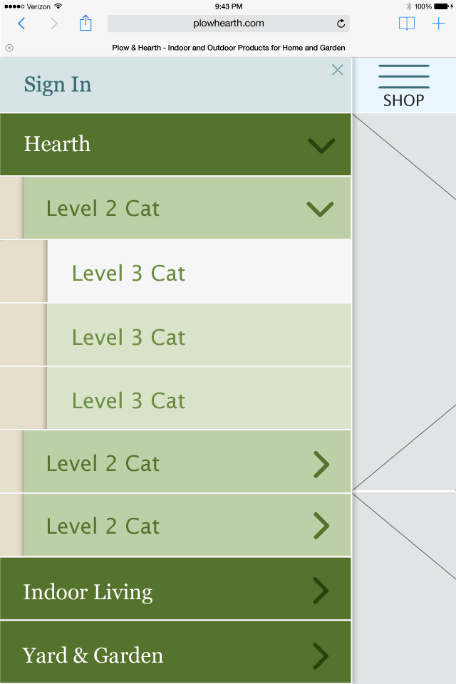 Plow&Hearth Mobile Drop-Down Menu Skin
