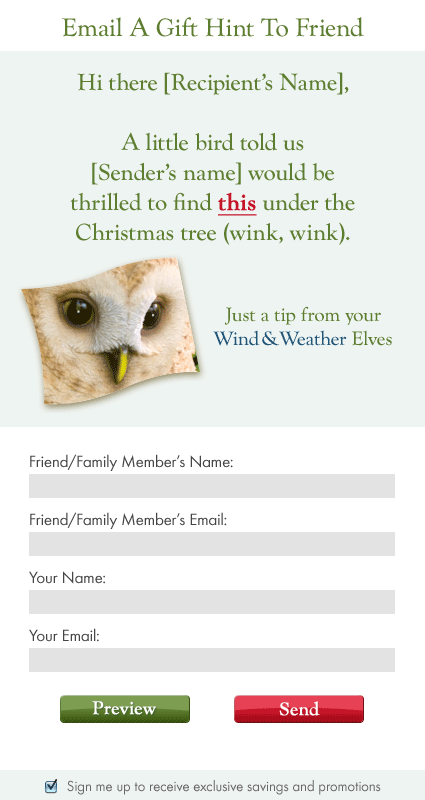 Wind&Weather Mobile Email-A-Gift-Hint Form Design